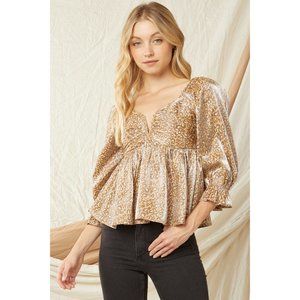 Entro Leopard Iridescent Babydoll Top, Camel